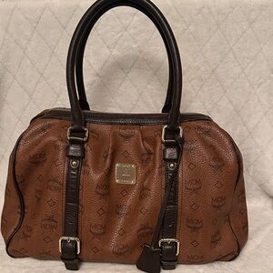 MCM Brown Visetos Logo Dome Satchel with Dark Brown Trim